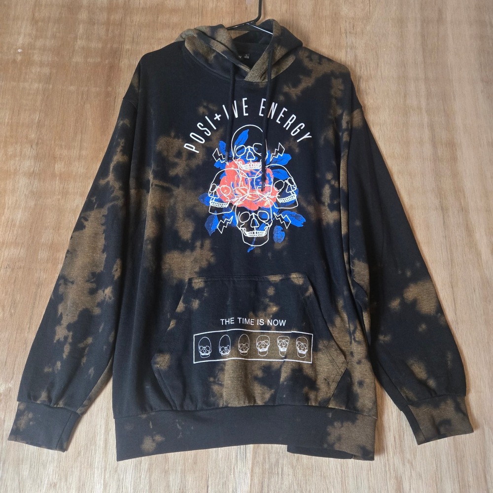 Chemistry Positive Energy Skull Graphic Acid Wash Hoodie Black Brown Mens Large